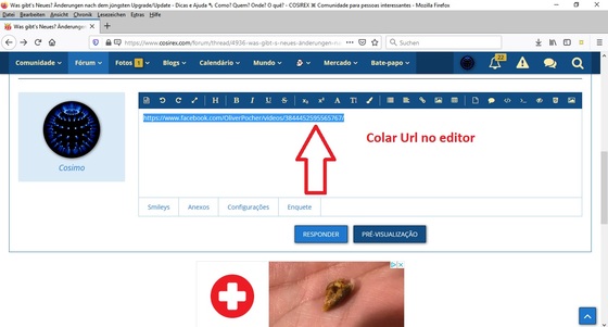 Colar a url do vídeo no editor da comunidade.