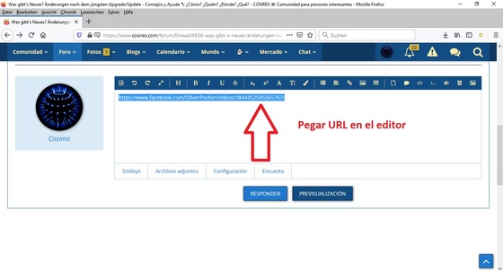 Pegar la URL del video en el editor de la comunidad.