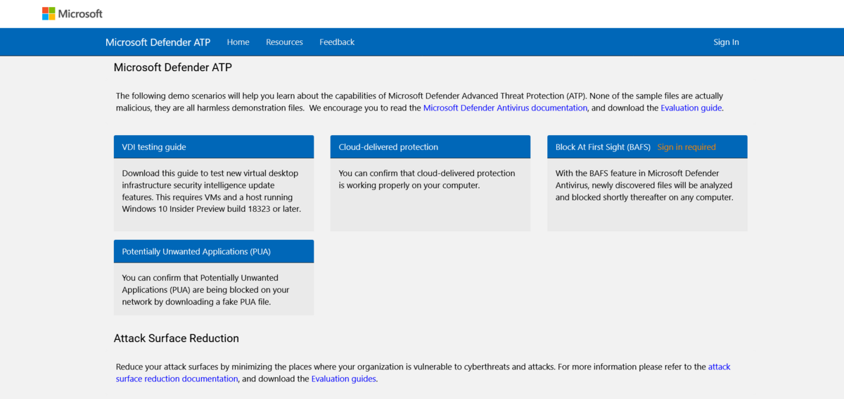 Página de teste do Microsoft Defender