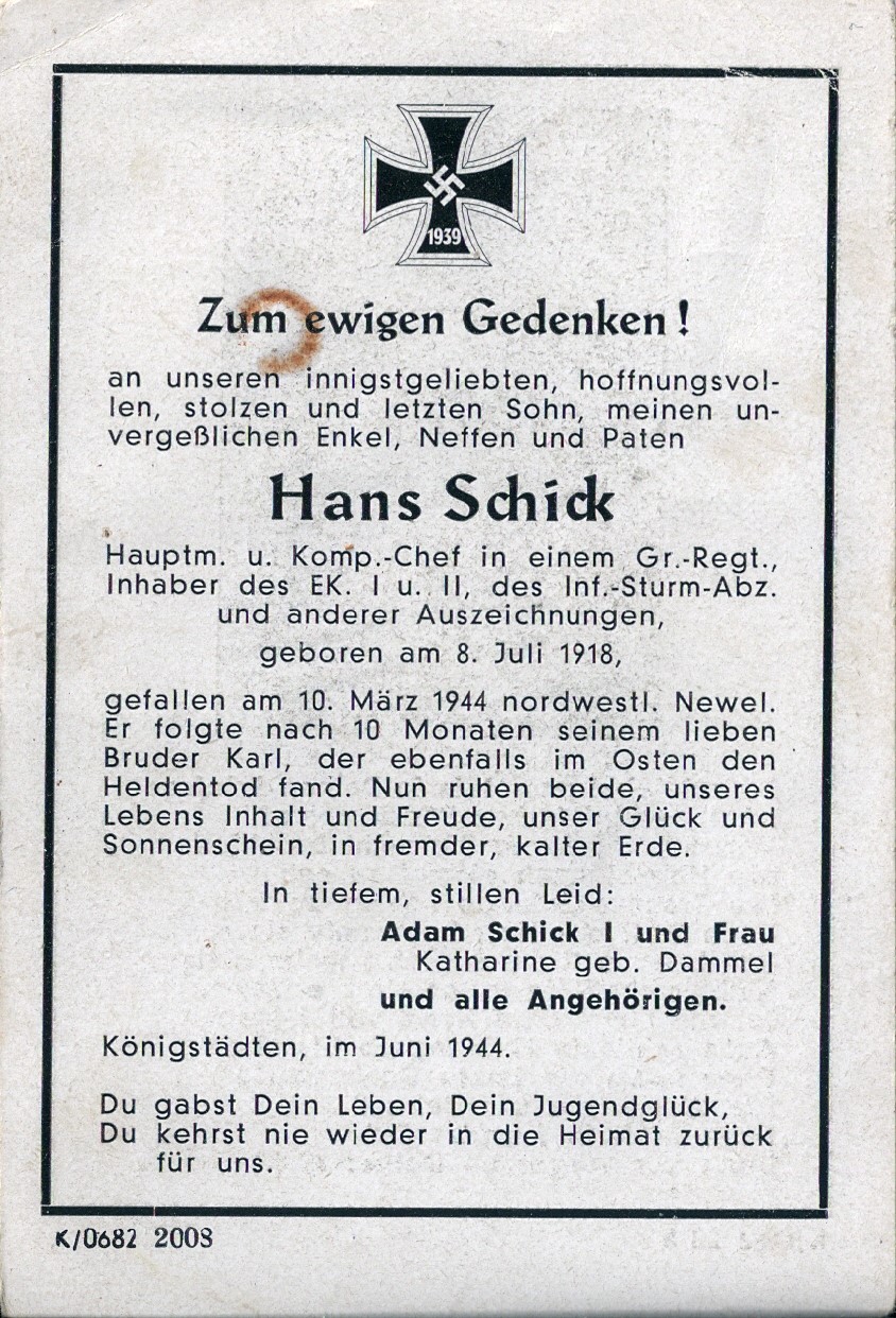 Hans Schick gefallen 1944 bei Newel-Todesanzeige-Aussen