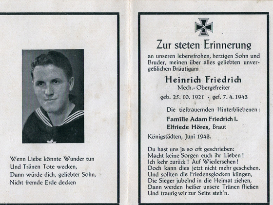 Heinrich Friedrich gefallen 1943 im Schwarzen Meer-Todesanzeige-Innen