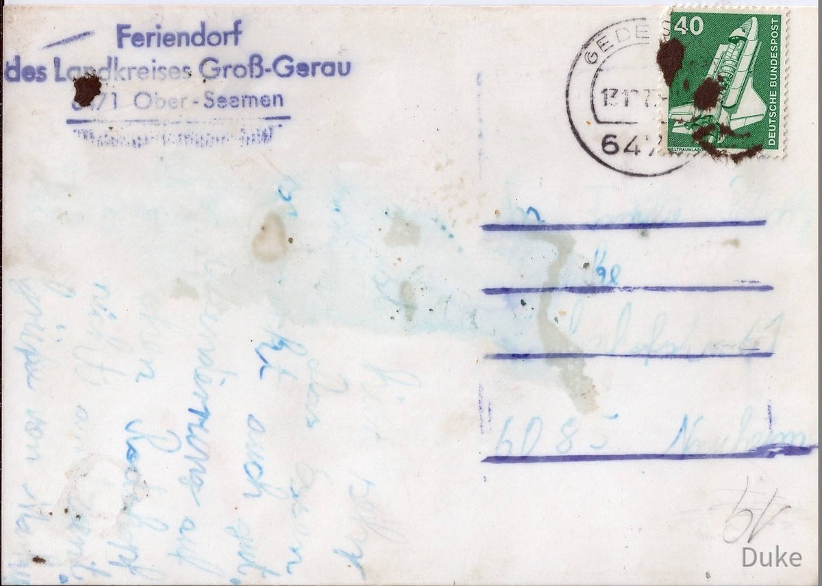 Klassenfahrt in Ober-Seemen 1977 - Rückseite der Karte des Klassenfotos