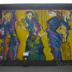 East Side Gallery - Berlin - Graffitis - Blaue Figuren auf Gelb
